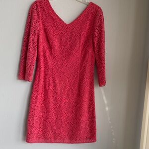 Lilly Pulitzer Women's size 6 Coral Full Lace V-neck Mini 3/4 Sleeve Dress